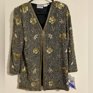 NWT Vintage 100% Silk beaded floral deadstock blazer cardigan gold black india
